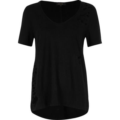 Black distressed longline T-shirt